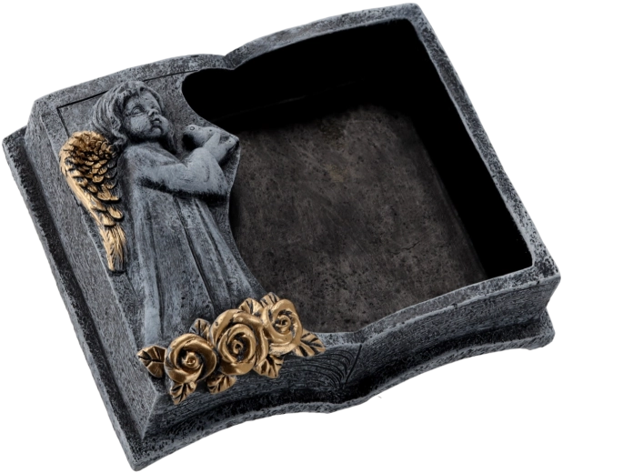 Cementový hřbitovní květináč kniha tmavě šedá se zlatými detaily 23 × 19 × 7,5 cm