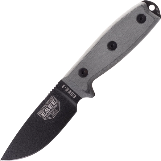 ESEE Model 3 – univerzální outdoorový nůž s černou čepelí a šedou rukojetí Micarta