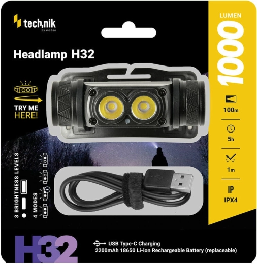Nabíjecí čelovka s LED OSRAM P9, USB‑C, 1000 lm, stroboskop Technik MT-H32
