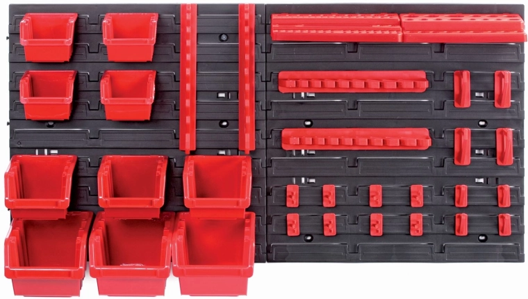Závěsný panel s 10 boxy a 22 držáky na nářadí ORDERLINE 800 × 165 × 400 mm