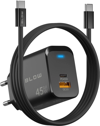 BLOW GaN síťová nabíječka 45 W (USB-C PD + USB-A QC 3.0) s kabelem USB-C–USB-C