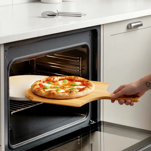 Bezpečný přesun pizzy s bambusovou lopatou