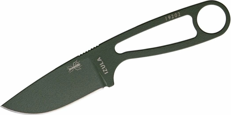 ESEE Izula OD – malý survival nůž z uhlíkové oceli se zeleným povrchem a pouzdrem