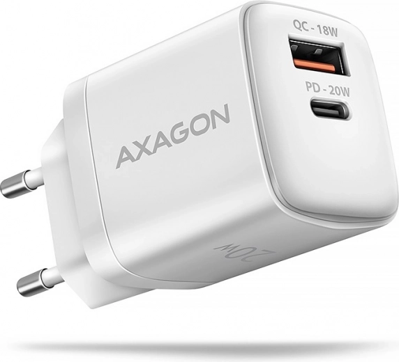 Axagon GaN síťová nabíječka 20 W USB-C PD + USB-A QC bílá