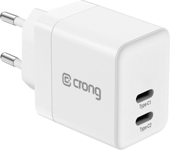 Crong ultra kompaktní GaN síťová nabíječka 2× USB-C 35 W PD 3.0 s PPS bílá