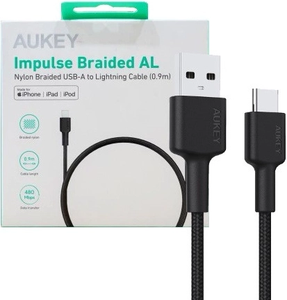 AUKEY USB-C na USB-A kabel 0,9 m, 60 W PD, nylonový opletený, černý