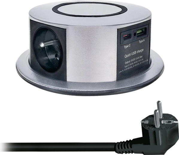 Solight výsuvný blok zásuvek do desky 3× 230 V + USB-A/USB-C PD 20 W s bezdrátovým nabíjením Qi 10 W, 2 m, stříbrný