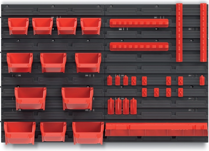 Závěsný panel s 12 boxy, sadou háčků BINEER a policí BINNER
