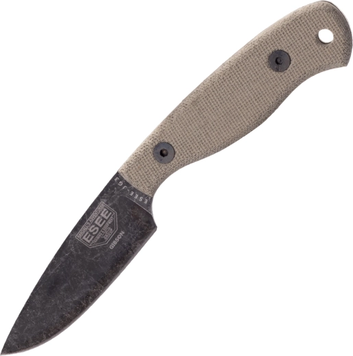 ESEE JG3 Camp-Lore bushcraft nůž 8,9 cm, stonewash black oxide, hnědá micarta, kožené pouzdro