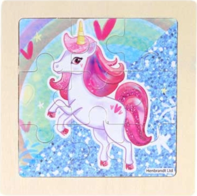 Dřevěné puzzle růžový jednorožec 9 dílků
