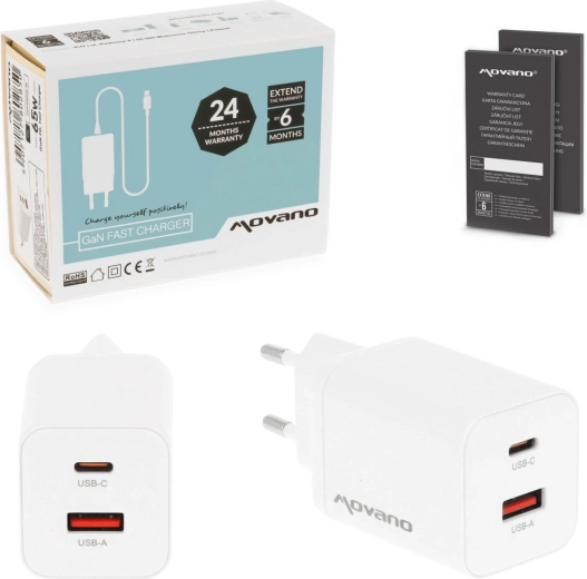 Nabíječka Movano GaN 45 W USB‑C PD + USB‑A bílá