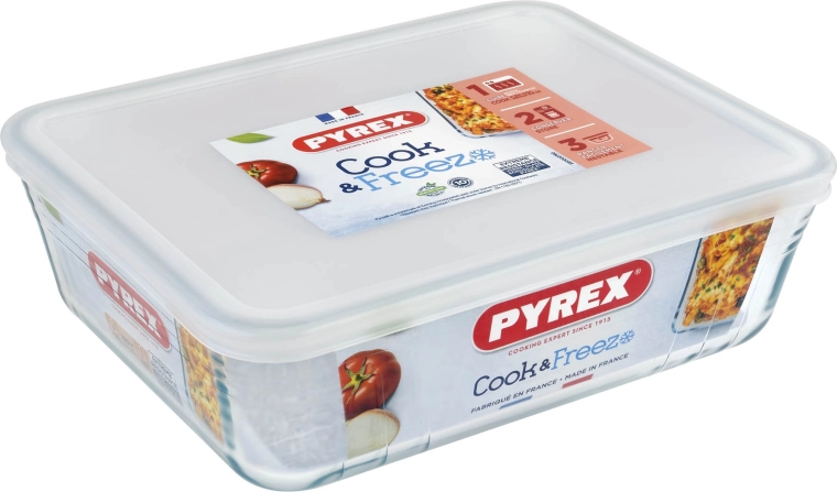 Skleněná dóza PYREX 2,6 l s víkem, 24 × 19 × 8 cm