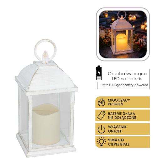 Bílý LED lampion s blikající svíčkou 10,5 × 10,5 × 20,5 cm - 1 kus