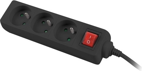 Prodlužovací přívod 3 zásuvky s vypínačem, 3 m, černý, měděný kabel