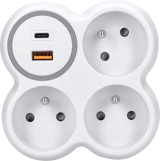 Solight rozbočka do zásuvky 3× 16 A s USB-A a USB-C rychlonabíjením PD 20 W bílá-šedá