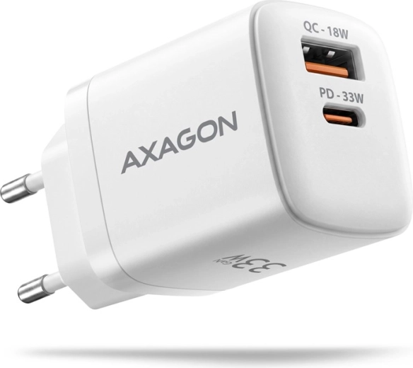 Síťová GaN nabíječka AXAGON 33 W se dvěma porty USB-C a USB-A, bílá