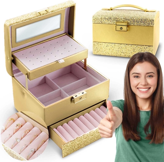 Zlatá šperkovnice MASSIDO s úchytem a zámkem