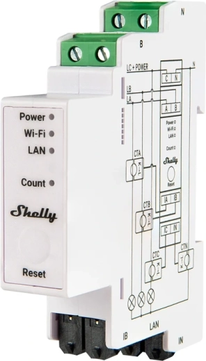 Shelly Pro 3EM Matter třífázový elektroměr 120 A pro DIN lištu