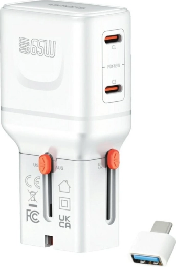 Cestovní nabíječka 4smarts World Travel Adapter Nomad Pocket GaN 65 W, USB‑C + USB‑A, bílá