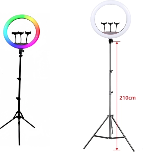RGB LED kruhové světlo na stativu se 3 držáky telefonu (45 cm)