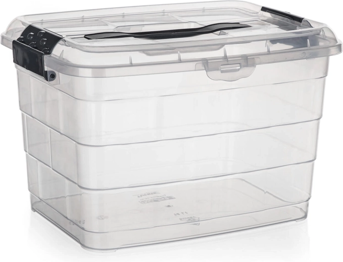 Úložný box s víkem a madlem 14 l VILARD – transparentní s kouřovými klipy