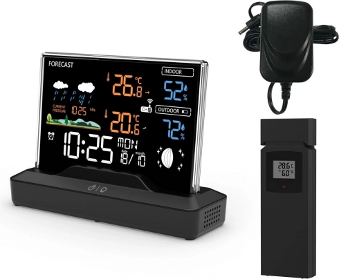 Podsvícená bezdrátová meteostanice s barevným LCD, venkovním senzorem, teploměrem, barometrem a rádiově řízenými hodinami