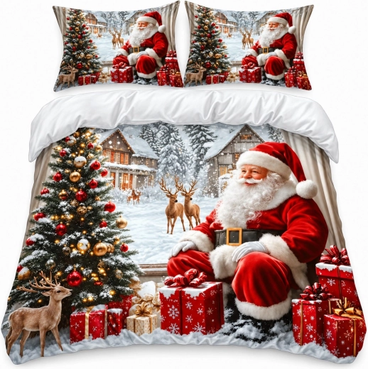 Vánoční 3D povlečení Santa Claus a vánoční stromek 200 × 220 cm se 2 povlaky na polštář