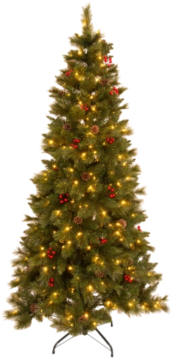 Umělý vánoční stromek 180 cm zelený s jeřabinou, šiškami a LED osvětlením
