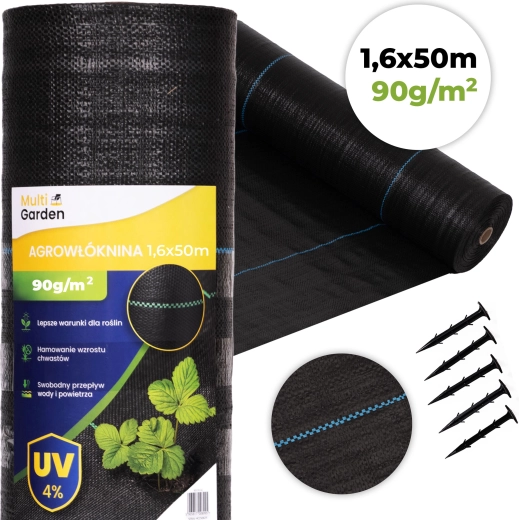 UV odolná agrotextilie proti plevelu 90 g/m², 1,6 × 50 m s kolíky, MultiGarden