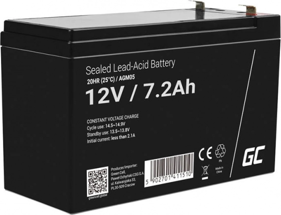 Dobíjecí AGM baterie 12 V 7,2 Ah pro UPS a alarmy GREEN CELL