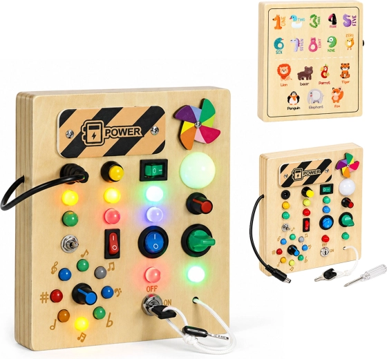 Dřevěná interaktivní busy board s LED světly ECOTOYS