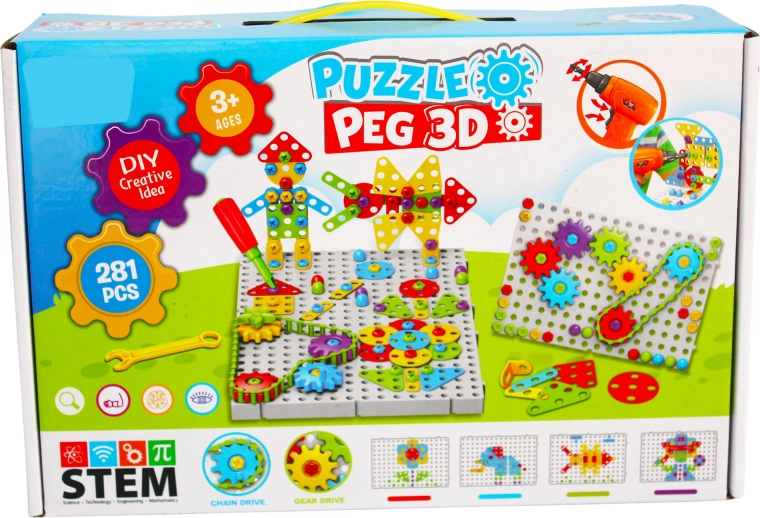 Kreativní 3D stavebnice s dětskou vrtačkou Puzzle Peg (281 dílků)