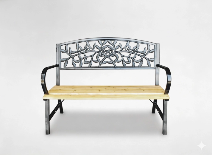 Zahradní lavice 120 × 56 × 89 cm, dřevo a ocel, dekor listů
