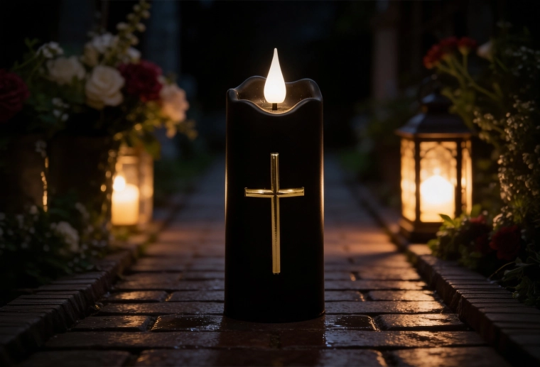 LED svíčka 5 × 13 cm černá se zlatým křížem