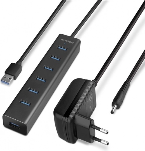 USB 3.2 Gen 1 hub AXAGON se 7 porty a nabíjením, hliníkový, s adaptérem