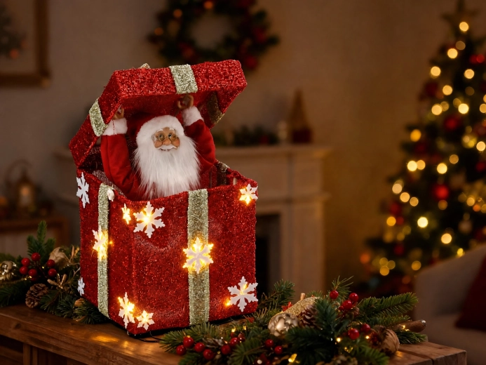 Vánoční dekorace Santa v dárku s LED osvětlením, melodií a pohybem