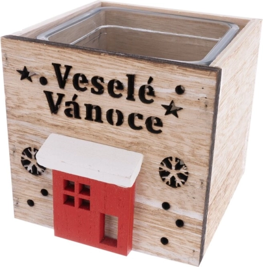 Dřevěný svícen s nápisem Veselé Vánoce – béžový