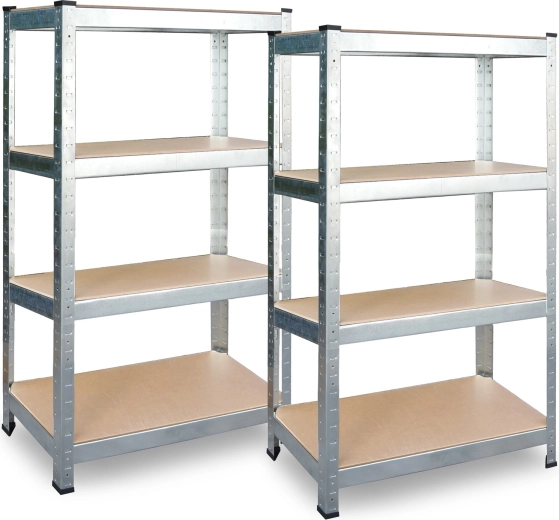 Sada 2 ks kovový regál 174 × 80 × 40 cm, galvanizovaný, MDF police – Plonos