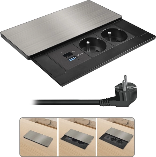 Solight vestavný blok zásuvek s posuvným krytem, 2× 230 V, USB-A + USB-C 20 W PD, 2 m, stříbrný
