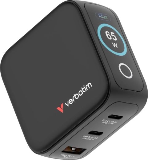 Verbatim mini GaN nabíječka 65 W s TFT displejem, 2× USB‑C a 1× USB‑A, EU/UK/USA