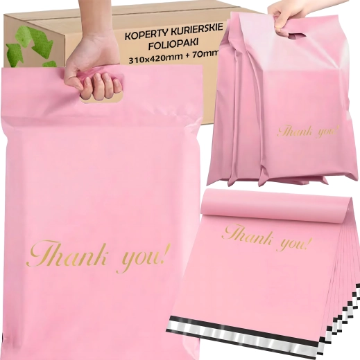 Růžové poštovní poly bagy s uchem 310 × 420 + 70 mm, 50 ks