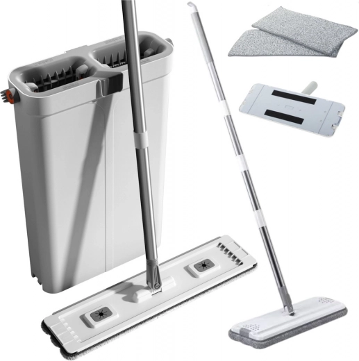 Sada na úklid s plochým mopem a dvoukomorovým kbelíkem z mikrovlákna