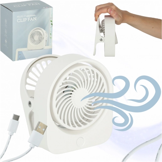 Stolní mini ventilátor s klipsem, bezdrátový USB, 3 rychlosti, 11,5 cm, bílý