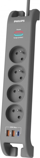 Přepěťová ochranná prodlužovačka 2 m, 4 zásuvky, 1× USB‑C, 2× USB‑A, PD 20 W / QC 18 W, 2400 J – Philips