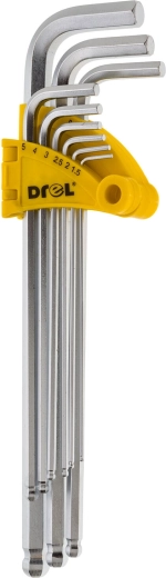 Sada prodloužených imbusových klíčů s kuličkou 1,5–10 mm, 9 dílů DREL