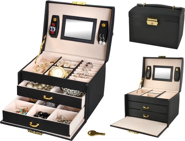 Saténová šperkovnice s klíčkem a zrcátkem – Černá