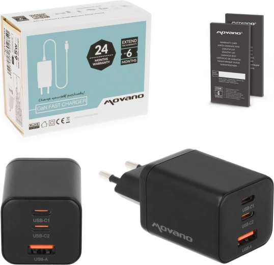 Nabíječka Movano GaN 65 W 2× USB-C PD + USB-A, černá
