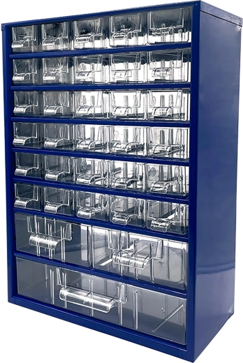 Kovová organizační skříňka s 30 malými, 2 středními a 1 velkou zásuvkou, 30,5 × 46 × 15,5 cm – TOKOZ