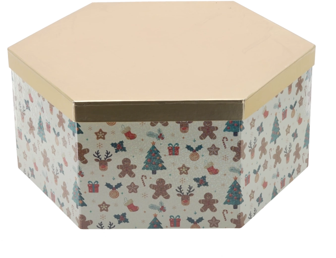 Vánoční dárková krabice hexagon se zlatou pokličkou