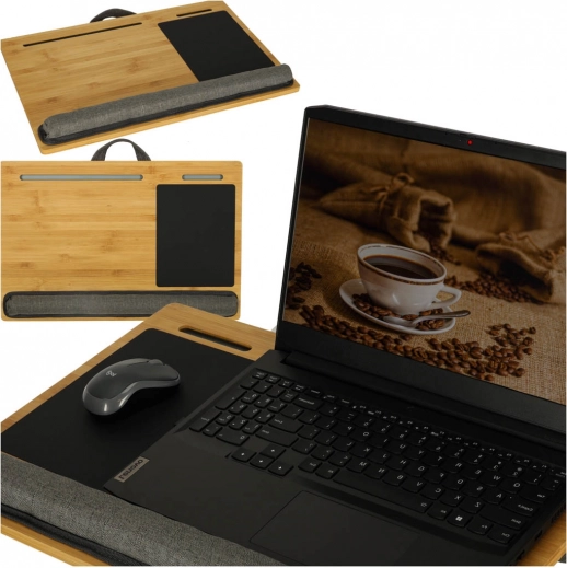 dřevěný přenosný stolek na klín s polštářem pro notebook